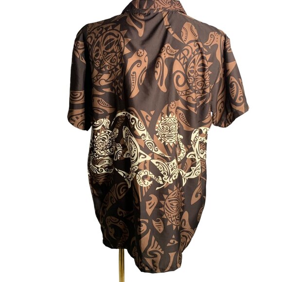 King Kameha Button Up Hawaiian Shirt XL Brown Polynesian Short Sleeve Pocket NEW - Picture 4 of 6